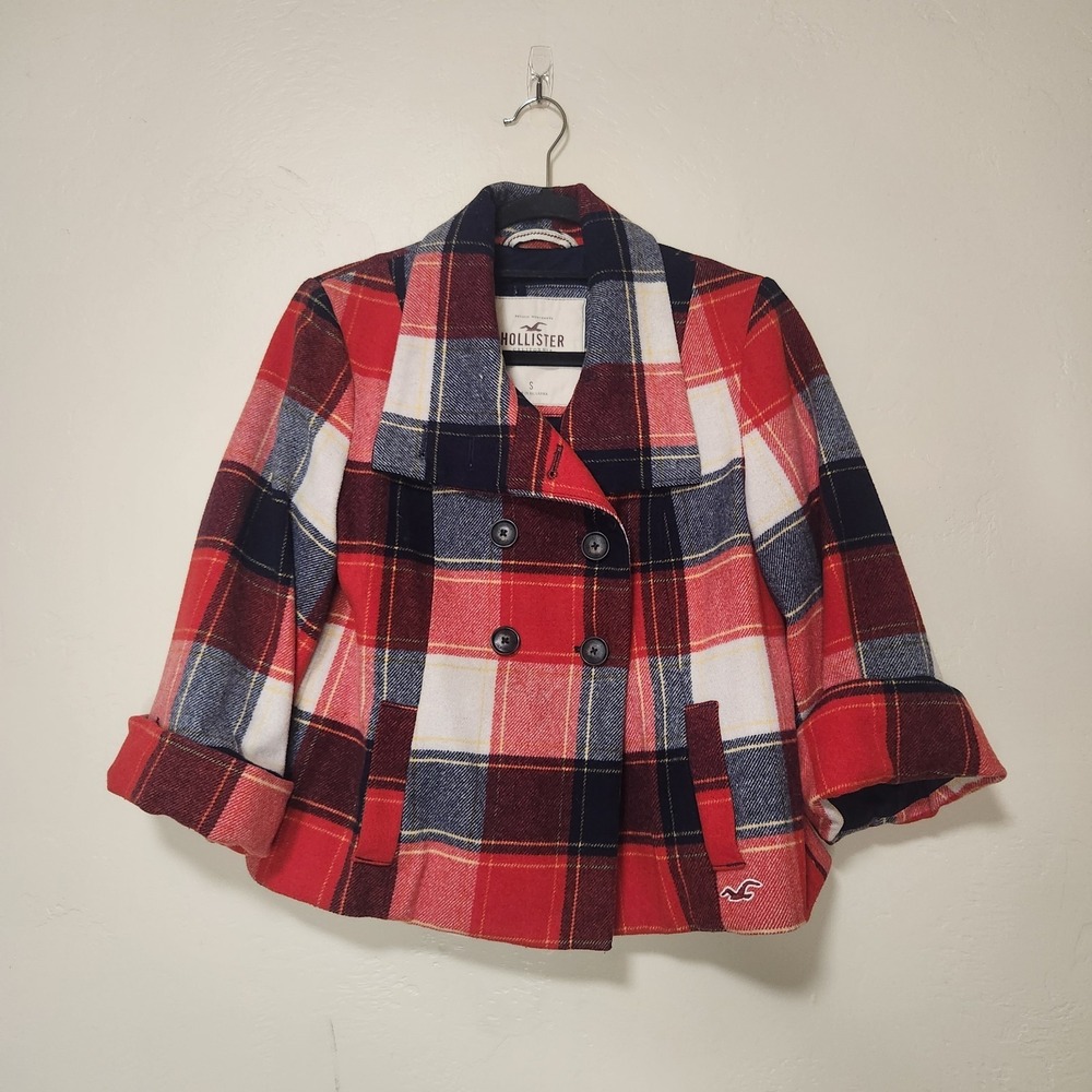 Hollister Y2K Red Plaid Swing Peacoat Wool‎ Blend Size Small